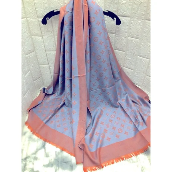 L V Monogram Grey Blue Salmon Cashmere Silk Blend Chale Stole Shawl Wrap Scarf. - Picture 2 of 6